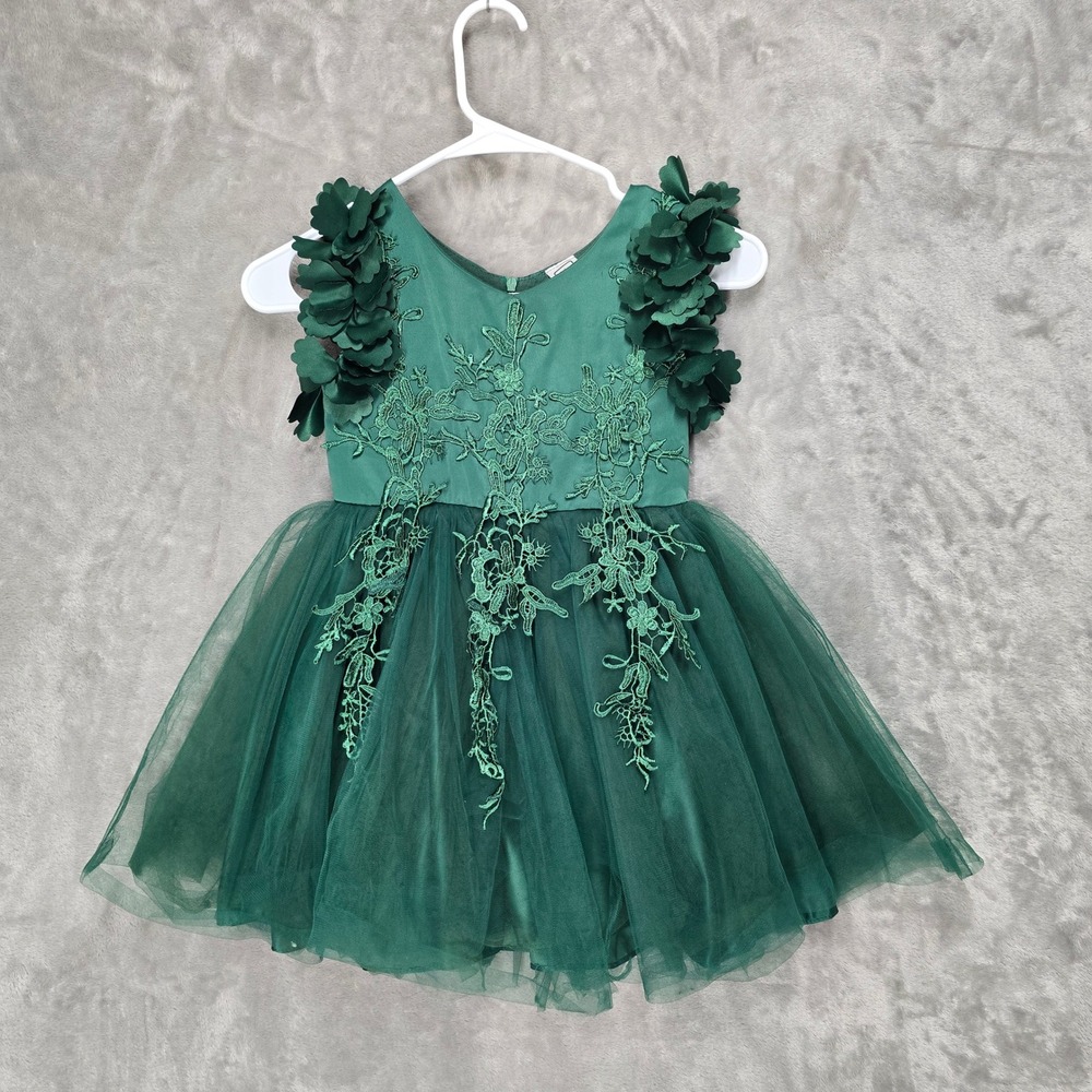 Girls 6 7 Emerald Green Lace Tulle Flower Dress Party Holiday‎ Twirl Embroidered